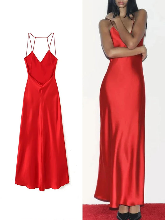 vestido rojo sexy largo de satén, vestido de fiesta elegante